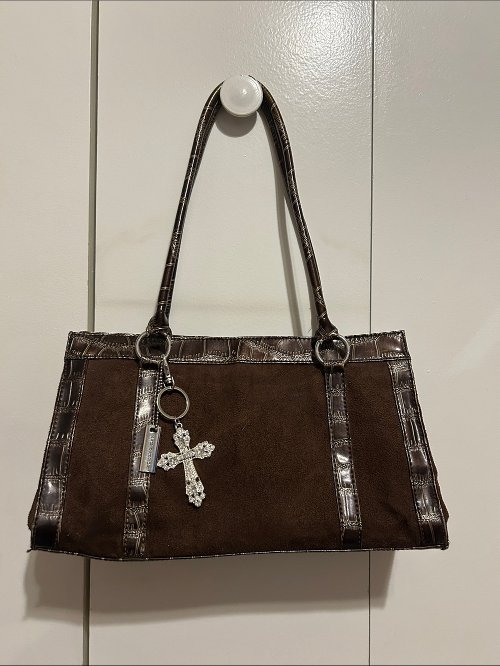Sag Harbor Brown Suede Shoulder Bag with Croc-Effect Trim